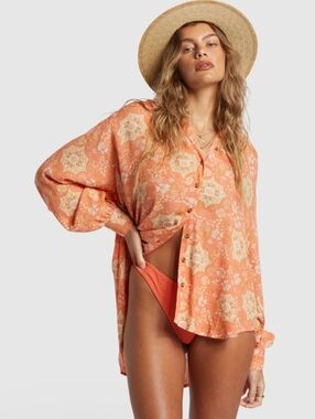 NWOT Billabong Orange Floral Button-Up Swim Coverup